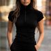 2026 Women's High Neck Slim Fit Elastic Zipper Collar Base Short Sleeve Top/T Shirt_ecoleips.com
