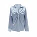 Women's Clothing Elegant V-Neck Twist Front Blouse – Light Blue Satin Shirt With Draped Knot Detail, Long Sleeve Retro Office Wear (S/M/L/XL)_ecoleips.com