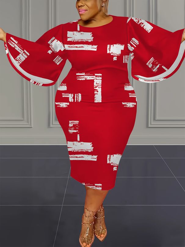 Elegant plus Size Bell Sleeve Dress Printed Slim Fit Wide Sleeve Women's Fashion for Spring And Autumn_ecoleips.com