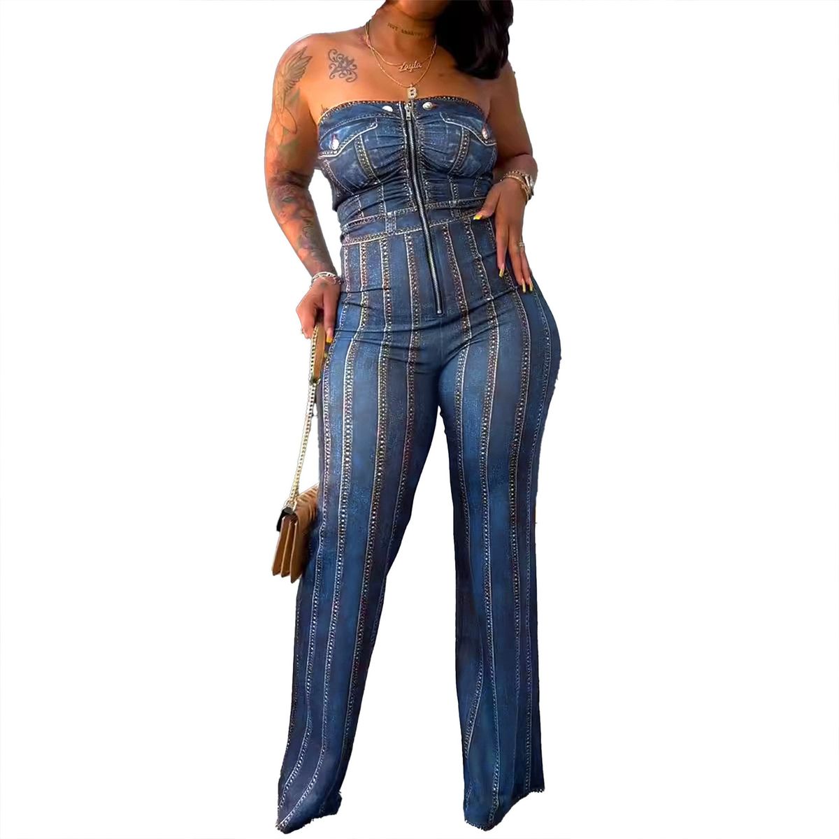Women's Clothing Denim Printed Sleeveless Bandeau Elastic Hip wrapped Wide leg Jumpsuit_ecoleips.com