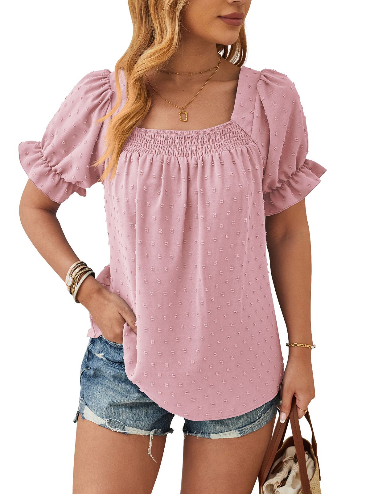 Cross-border European American Women's Fashion 2025 Spring-summer New Chiffon Pom-pom Short-sleeve Top With_ecoleips.com