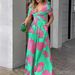 Women's Clothing Slim Waist Jumpsuit V-Neck Short Sleeve Printed Long Pants American Style Polyester Romper_ecoleips.com