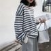 Autumn College Style Striped Retro Long Sleeve Loose Slim Bf Lazy Style Crew Neck Sweater Women_ecoleips.com