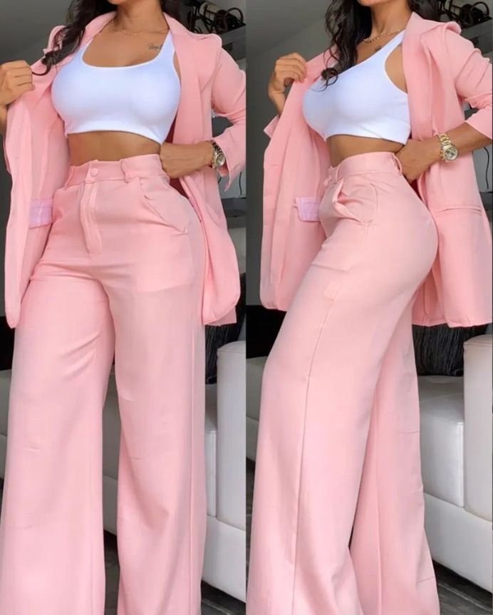 Women's Autumn Blazer And Trousers Suit Set Trendy Office Casual Two-Piece Outfit For Fall_ecoleips.com