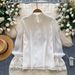 French-Inspired Luxury Blouse – Embellished Lace & Mesh Long Sleeve Top With Notched Collar (Oversized Fit, Beige/White/Black)_ecoleips.com