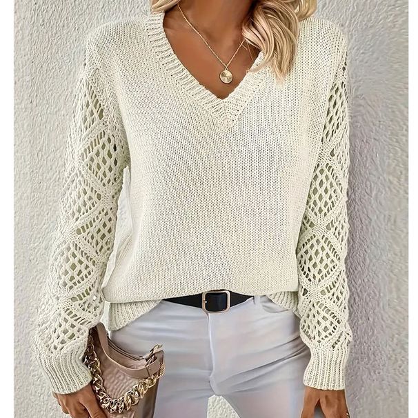 Effortless V-Neck Sweater Women's Lace Knit Top - Breathable Acrylic Pullover, Casual & Office Chic, S/M/L/XL (Beige, Black, Cream)_ecoleips.com