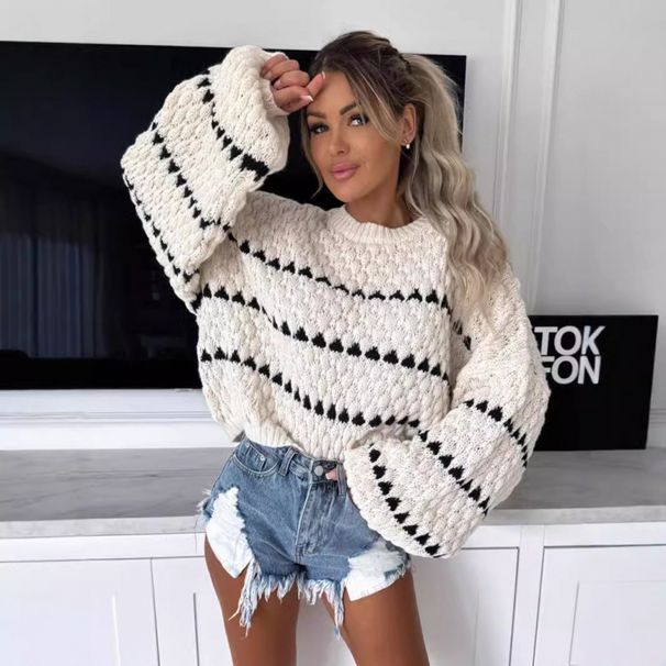 Autumn And Winter Sweaters, Thick Needles, Loose Plus Size, Twist Stripes, Crew Neck Pullovers, Women's Tops Wholesale_ecoleips.com