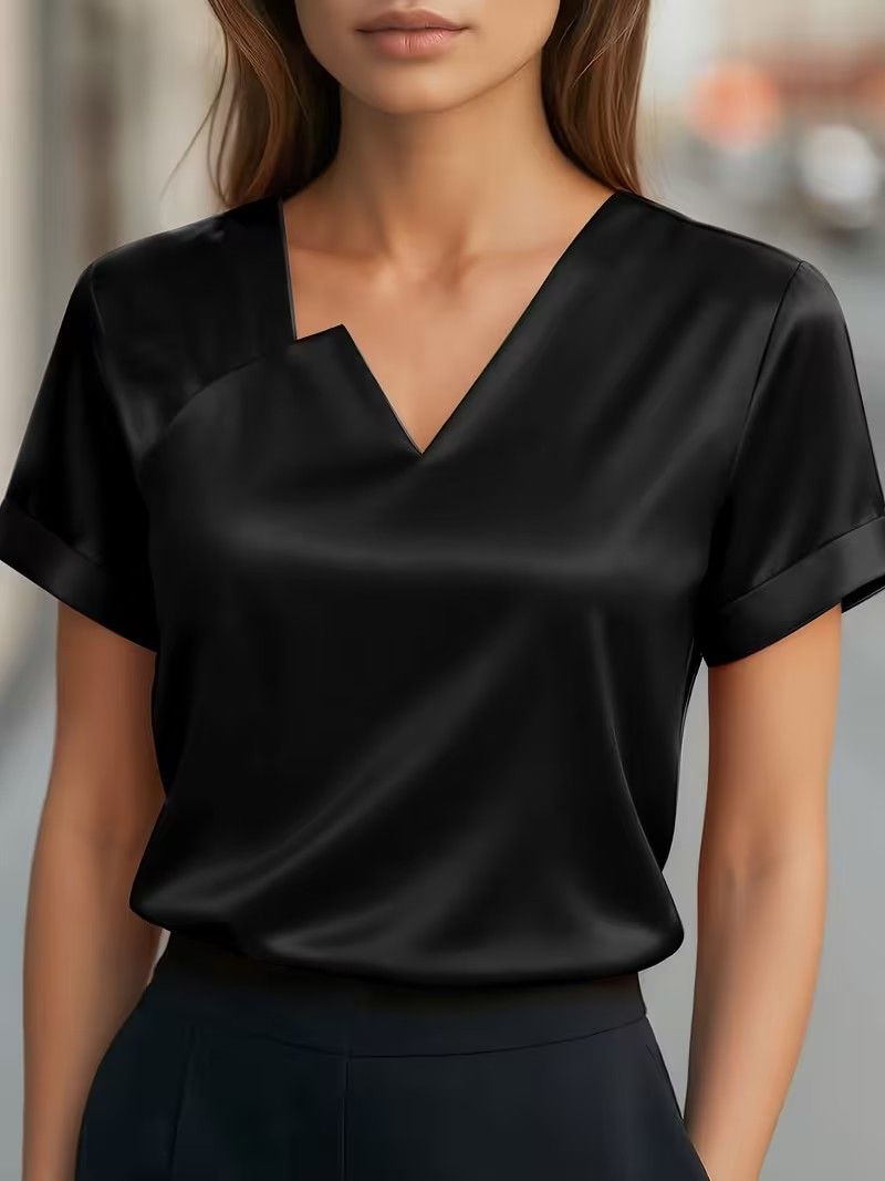 Summer Commuter Satin Asymmetrical V-Neck Short Sleeve Shirt Women_ecoleips.com