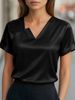 Summer Commuter Satin Asymmetrical V-Neck Short Sleeve Shirt Women_ecoleips.com