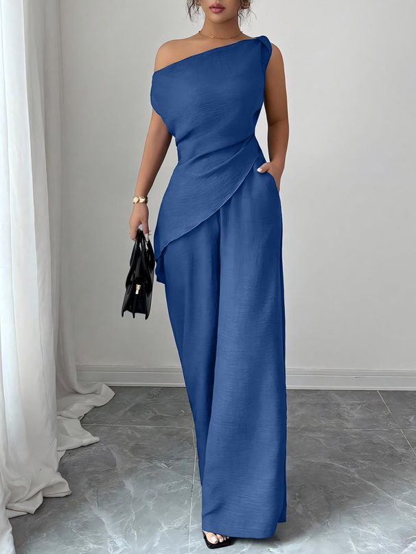 Women's Clothing Elegant Off-Shoulder Women's Suit Solid Color Style Commuter Zipper Pocket Pants For Formal & Casual For Women_ecoleips.com