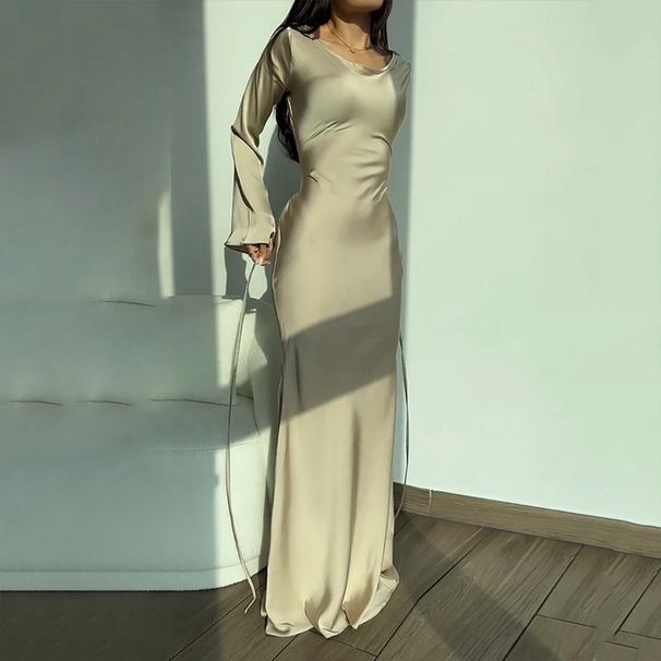 Women's Spring/Summer Solid Color Round Neck Long Sleeve Belted Dress With Traditional Chinese Style And Casual Slimming_ecoleips.com