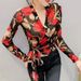 Elegant Feminine Sunscreen Long Sleeve Base Layer Top V Neck Slim Fit Waist Cinching Tie up Printed Mesh Top for Women_ecoleips.com