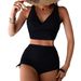 Fashion Swimsuit Women's Sexy V Neck Tankini Set Two Piece Solid Color Drawstring Flat Leg Overseas Warehouse_ecoleips.com