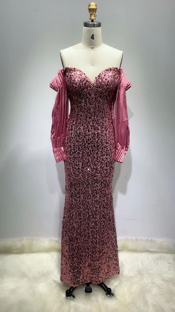 Women's Clothing V Neck One Shoulder Sleeve Super Shiny Fishtail Skirt Long Dress Red Carpet Banquet Evening Dress_ecoleips.com