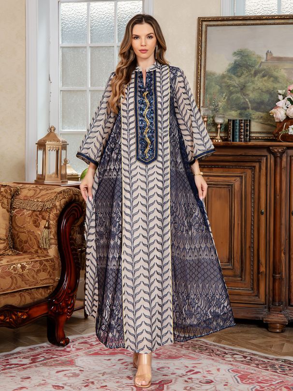 Elegant Sheer Embroidered Abaya Dress – Modest Muslim Gown With Delicate Netting & Embroidery – Dubai-Style Long Robe For Festivals (Blue, M-XXL)_ecoleips.com