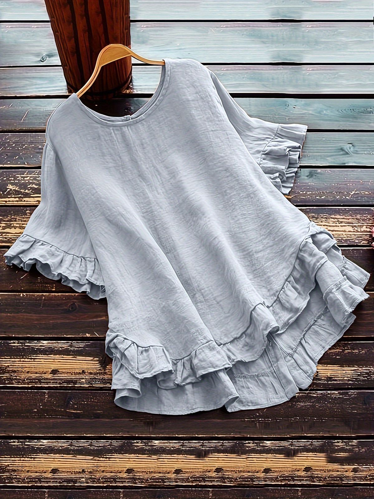 Women's Clothing Summer Women's Short Sleeve Blouse Ruffled Round Neck Button Up Loose Fit Solid Color For Formal & Casual_ecoleips.com