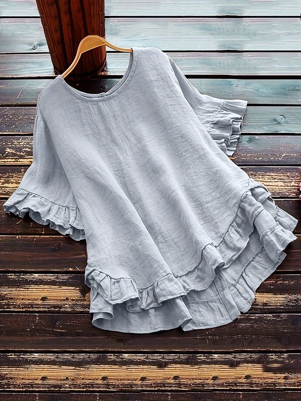 Women's Clothing Summer Women's Short Sleeve Blouse Ruffled Round Neck Button Up Loose Fit Solid Color For Formal & Casual_ecoleips.com