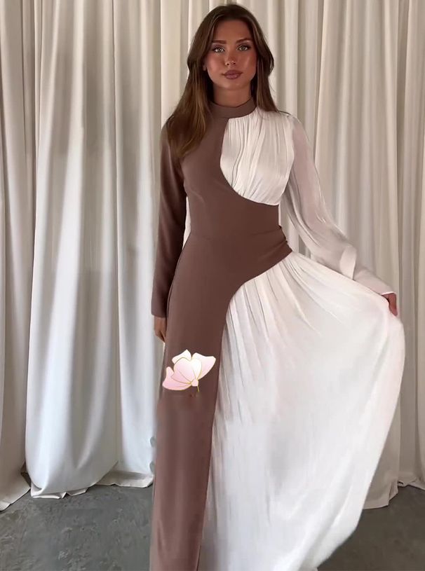 Women's Clothing Round Neck Contrast Color Long Sleeve High Waist Slim Temperament Retro Dress_ecoleips.com