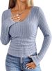 Women's Versatile Solid Color V-Neck Long Sleeve T-Shirt Slim Fit Ribbed Brushed Fashionable Top For American Style 2026_ecoleips.com