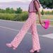 Women's Clothing Pink Heart Patterned Wide Leg Jeans Slim Fit European American Style_ecoleips.com