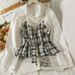 Women's Clothing Retro Contrast Color Stitching Tweed Two Piece Blouse Autumn High Waist Strap Slim Fit Lapel Long Sleeve Top_ecoleips.com