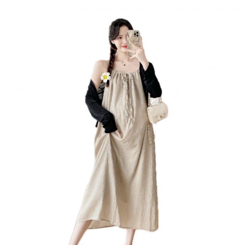 Real Shot New Summer Maternity Camisole Dress Slimming Knitted Long Sleeve Jacket Set_ecoleips.com