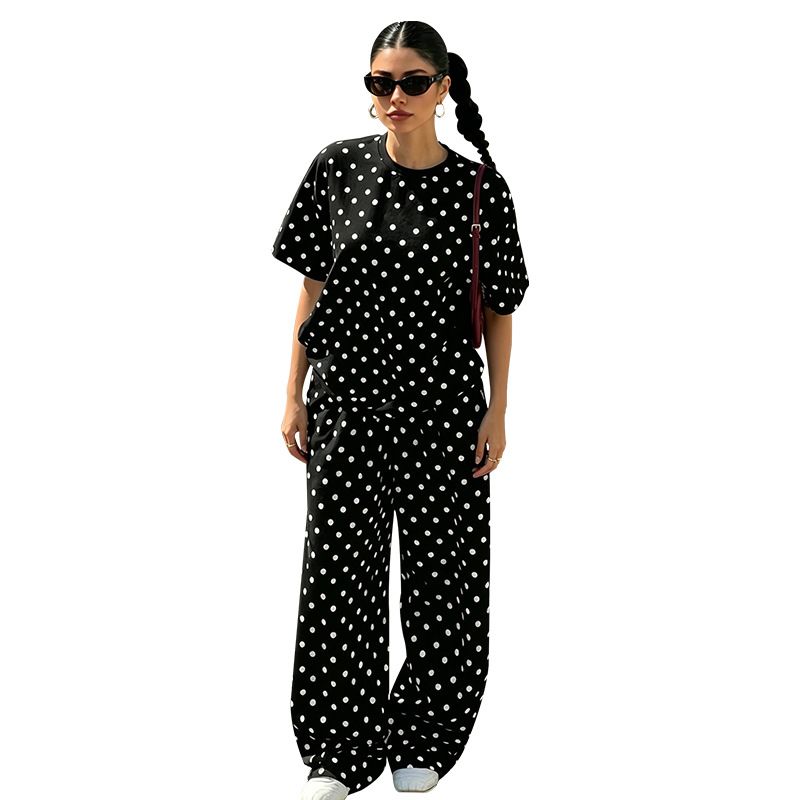 Women's Polka Dot Round Neck Pullover Top Short Sleeved Fashionable Casual Straight Leg Pants Set Summer New Style_ecoleips.com