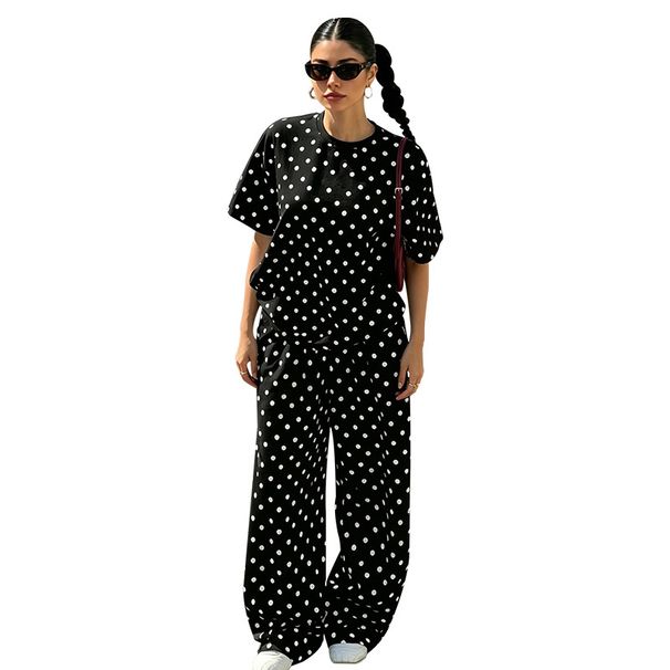 Women's Polka Dot Round Neck Pullover Top Short Sleeved Fashionable Casual Straight Leg Pants Set Summer New Style_ecoleips.com