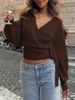 Women's European American Style Crossover V-Neck Base Knit Top Irregular Tie Short Pullover for Autumn Winter Fashion_ecoleips.com