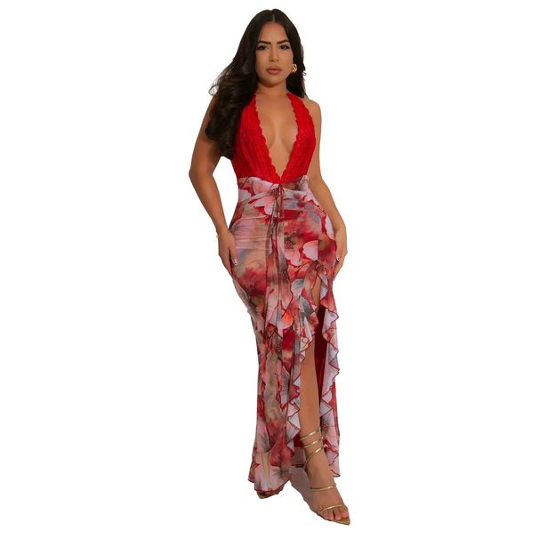 Women's Clothing Fashion Women's Clothing Sexy Deep V Halter Neck Slim Print Dress_ecoleips.com