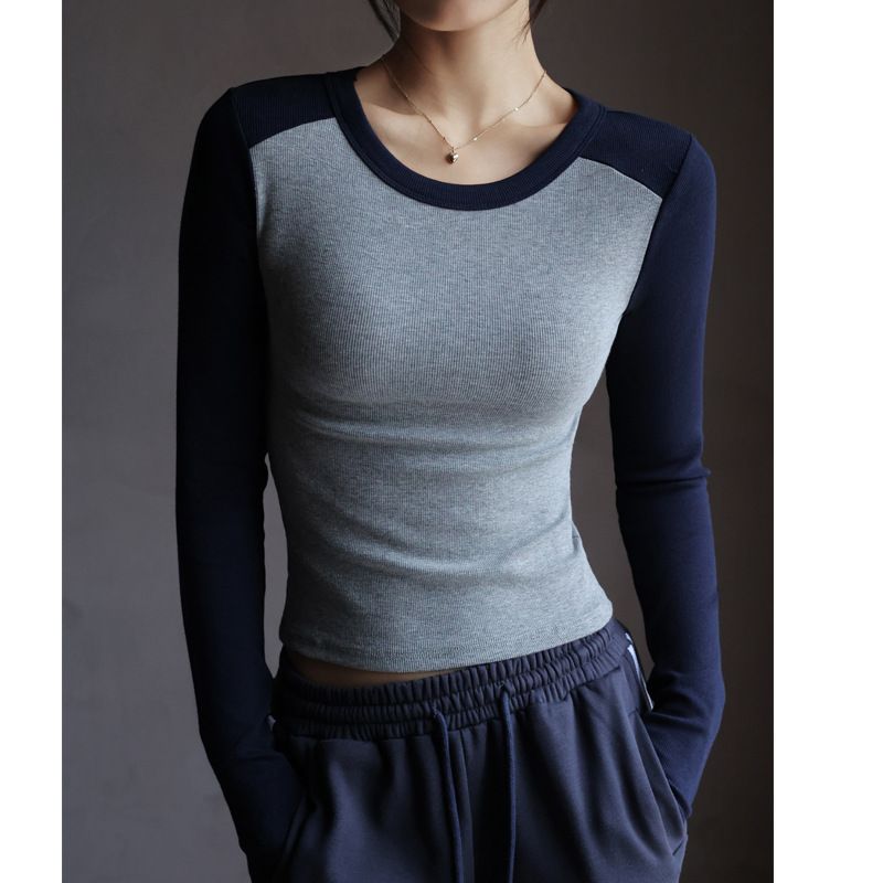 Women's High Quality Pure Cotton Long Sleeve round Neck T-Shirt Color Blocked Raglan Sleeve Base Shirt Slimming Autumn Inner Layer Popular Top_ecoleips.com