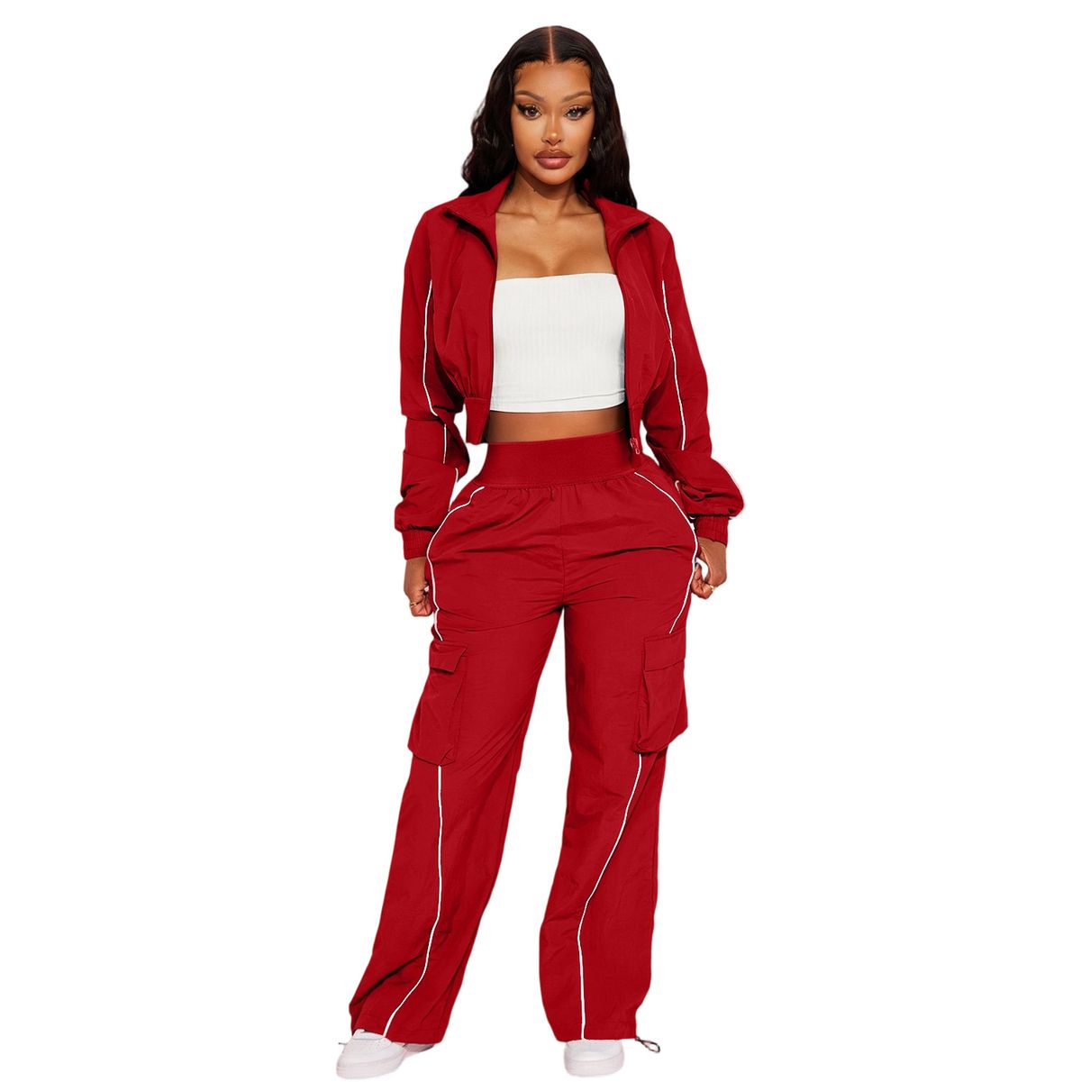 YNS Urban Casual Two-Piece Set - Zip-Up Jacket With Straight-Leg Pants, Stylish Workwear Pocket Design For Men & Women (Black/Gray/Red)_ecoleips.com