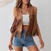 Women's Boho Fringe Vest Sleeveless Open Front Cardigan Casual Hippie Style Layering Piece in Caramel_ecoleips.com