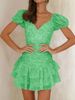 New European And American Cross-border Summer Dress With Bow, Elegant Puff Sleeves, Floral Print, V-neck, Short Style, 2_ecoleips.com