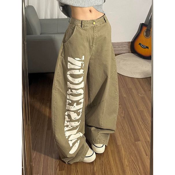 Women's Retro Khaki Jeans Loose Fit Slimming Wide Leg Trousers Full Length Casual Fashion Letter Print Denim_ecoleips.com