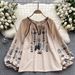 Women's Bohemian Style Vintage Embroidered Print Long Sleeve Shirt Top Loose Casual French Chic Doll Style_ecoleips.com
