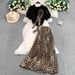 Women's Clothing Retro Temperament Three Dimensional Flower Round Neck Puff Sleeve Top High Waist Slim Leopard Print Skirt Two Piece Set_ecoleips.com
