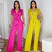 Women's Clothing Sexy V Neck Sleeveless Solid Color Jumpsuit Lace Up Wide Leg Pants Trousers_ecoleips.com