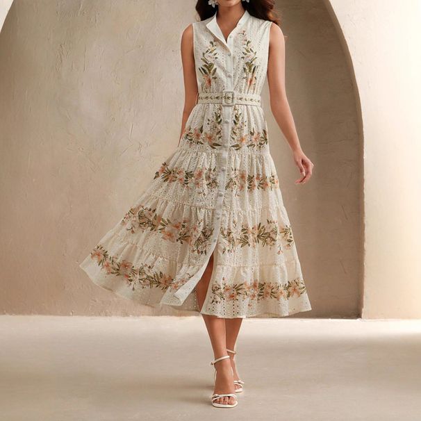 2025 Cross-Border European And American Foreign Trade Women's Bohemian Style Hollow Embroidered Waist-Cinching A-Line_ecoleips.com