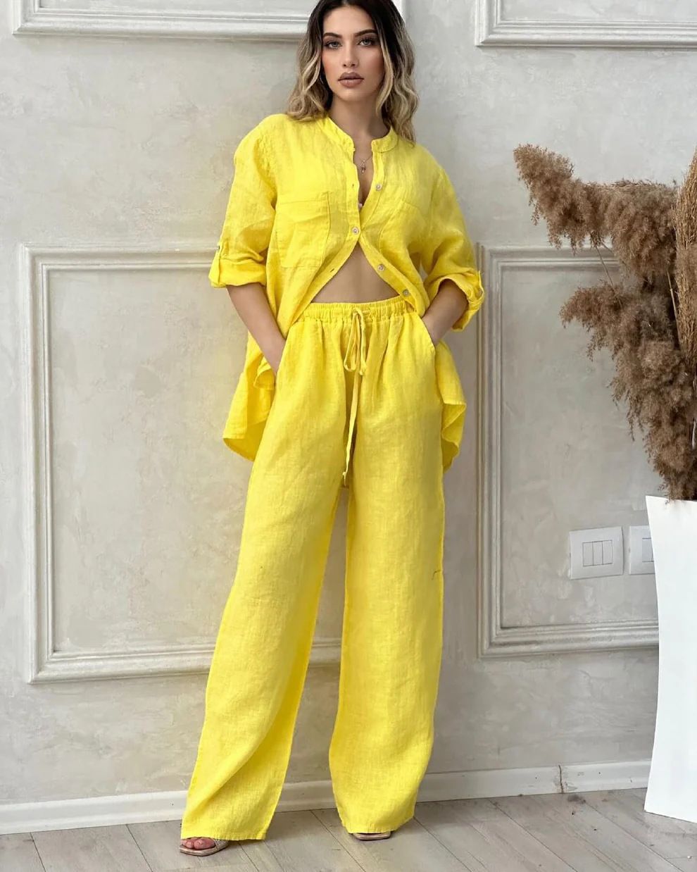 Women's Clothing Summer New Women's Set Large Size Cotton And Linen Shirt Set High Waist Loose Trousers_ecoleips.com
