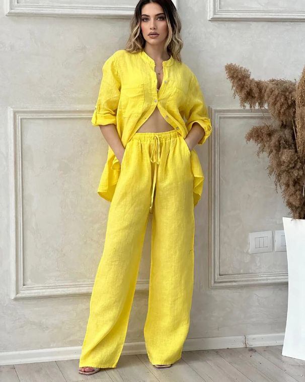 Women's Clothing Summer New Women's Set Large Size Cotton And Linen Shirt Set High Waist Loose Trousers_ecoleips.com