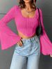 Aria Basics Aria Basics European And American Cross-Border New Women's Solid Color U-Neck Crop Slim Fit Fashion Flared Long Sleeve Top Sexy_ecoleips.com