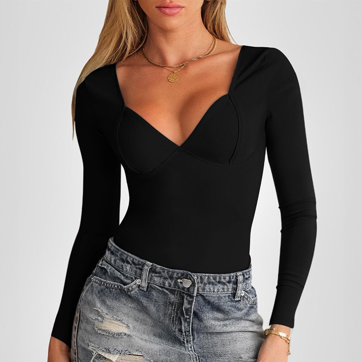 DiYun European And American 2024 Fall/Winter Y2K Women's V-Neck Slim Fit Long Sleeve Top_ecoleips.com