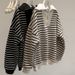 American-style Striped Half-zip Polo Collar Sweatshirt Women, Thin Korean-style Loose Fit, Fleece-lined Thickened,_ecoleips.com