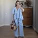 2025 French Sweet Atmosphere Solid Color V-neck Puff Short Sleeve Tie Long Pants Set Women's Wholesale_ecoleips.com