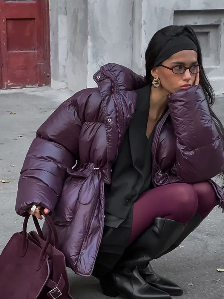 Women's Winter Puffer Jacket - Zip Front Quilted Coat With Adjustable Waist New Shirt Burgundy Zipper Waist Cotton Jacket Cotton Jacket_ecoleips.com