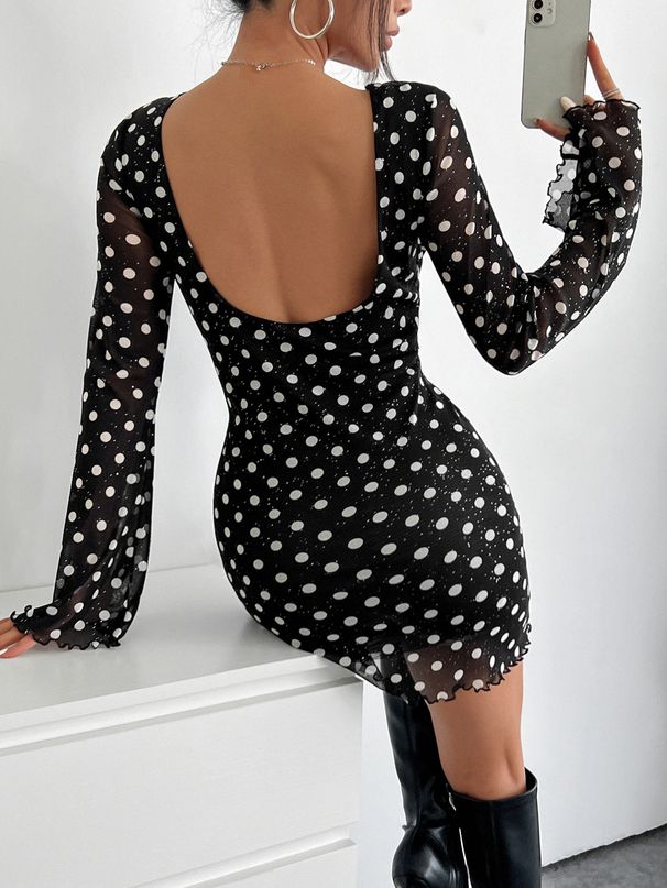 2025 New Elegant Women's Mesh Polka Dot Printed Round Neck Backless Long Sleeved Dress_ecoleips.com