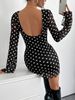 2025 New Elegant Women's Mesh Polka Dot Printed Round Neck Backless Long Sleeved Dress_ecoleips.com