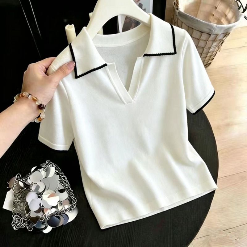 Summer New Korean Style Elegant Collared Knit Sweater Color Block Elegant Knit Short Sleeve T Shirt_ecoleips.com