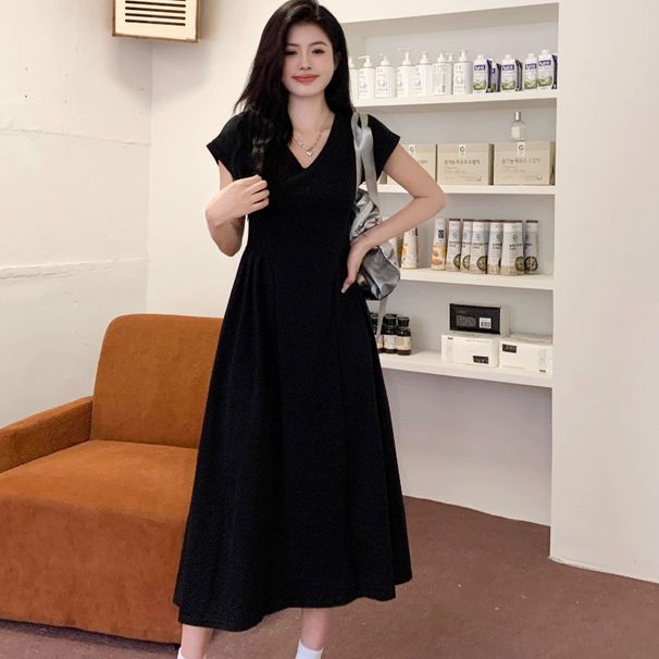 Voya Women's Dress, Solid Color, Simple V-neck, Waist-cinching, Elegant, Long, Slimming, Versatile, Loose, Plus Size_ecoleips.com